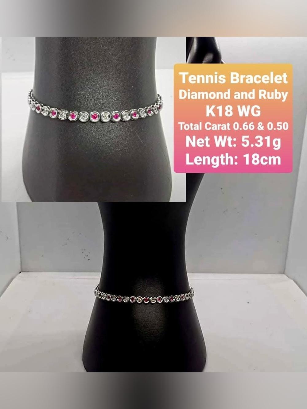 18K White Gold Diamond & Ruby Tennis Bracelet - Pink/Red Stones